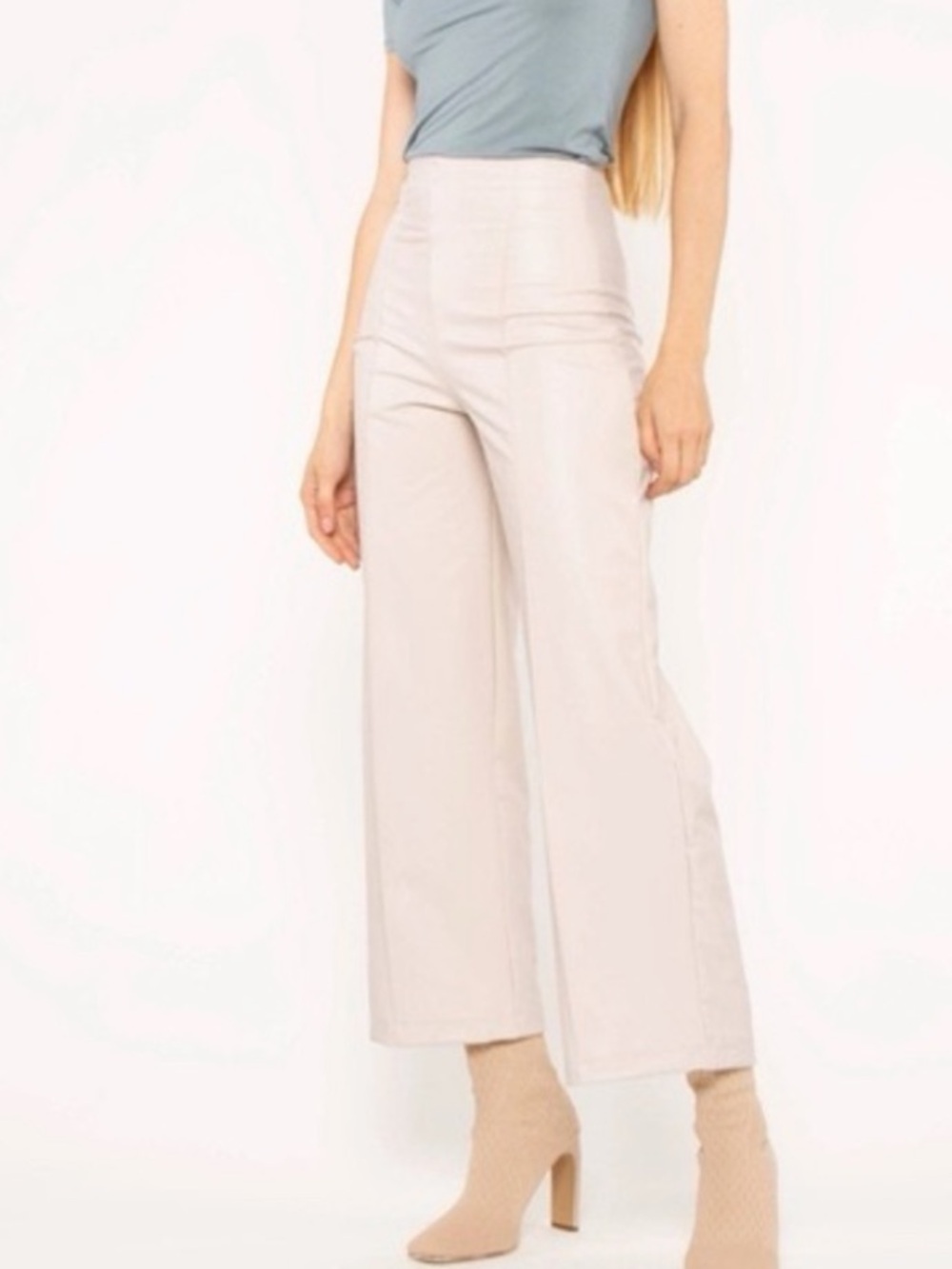 Ripley Rader Beige Vegan Faux Leather Straight Leg High Waisted Cropped Pants L